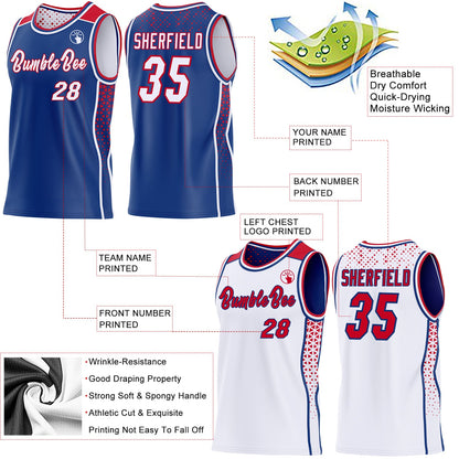 Custom Royal White-Red Side Panel Stripe Geometric Triangle Gradient Dot Reversible Double Side Sublimation Basketball Set Jersey