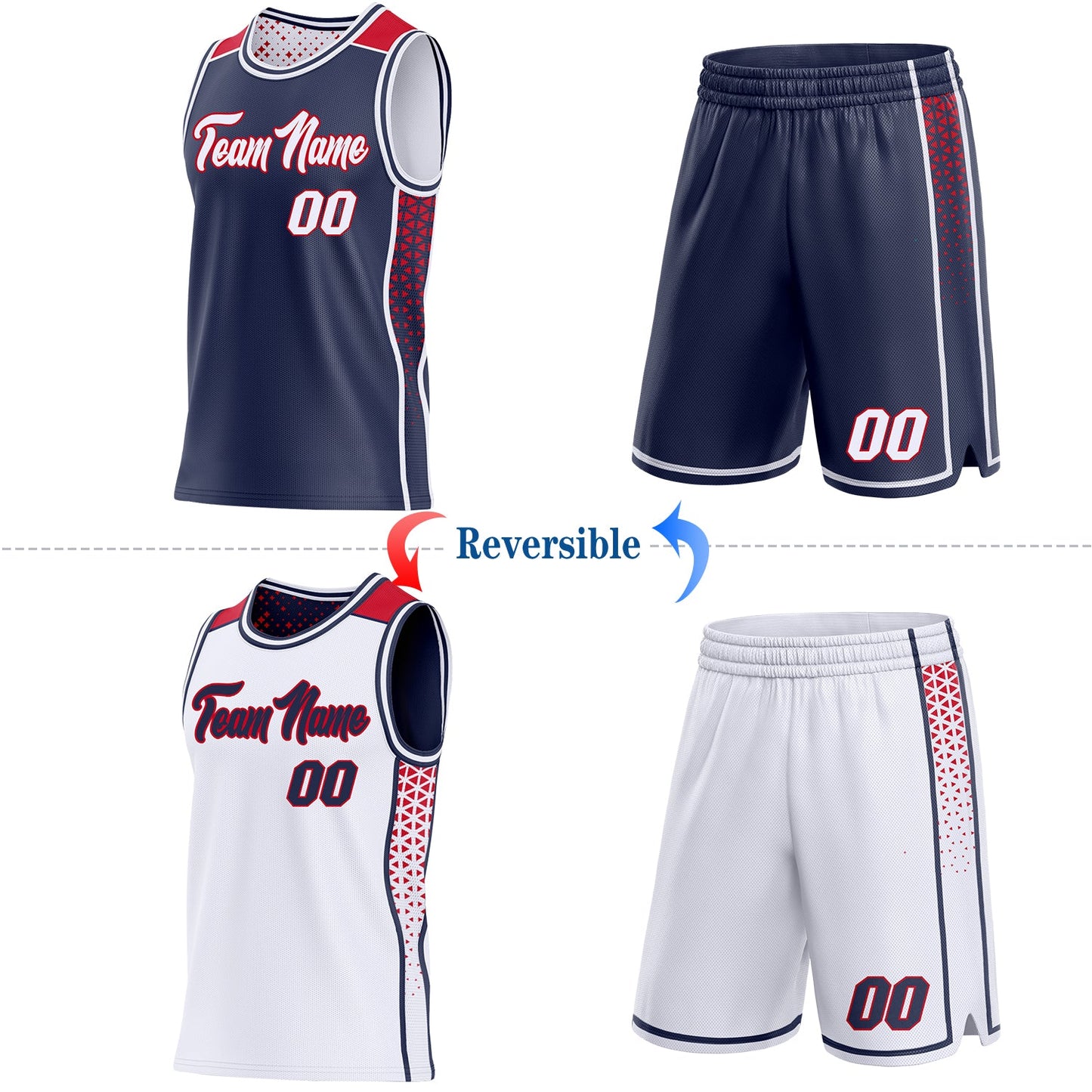 Custom Navy White-Red Side Panel Stripe Geometric Triangle Gradient Dot Reversible Double Side Sublimation Basketball Set Jersey