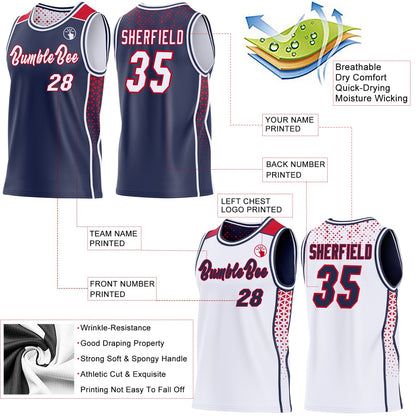 Custom Navy White-Red Side Panel Stripe Geometric Triangle Gradient Dot Reversible Double Side Sublimation Basketball Set Jersey