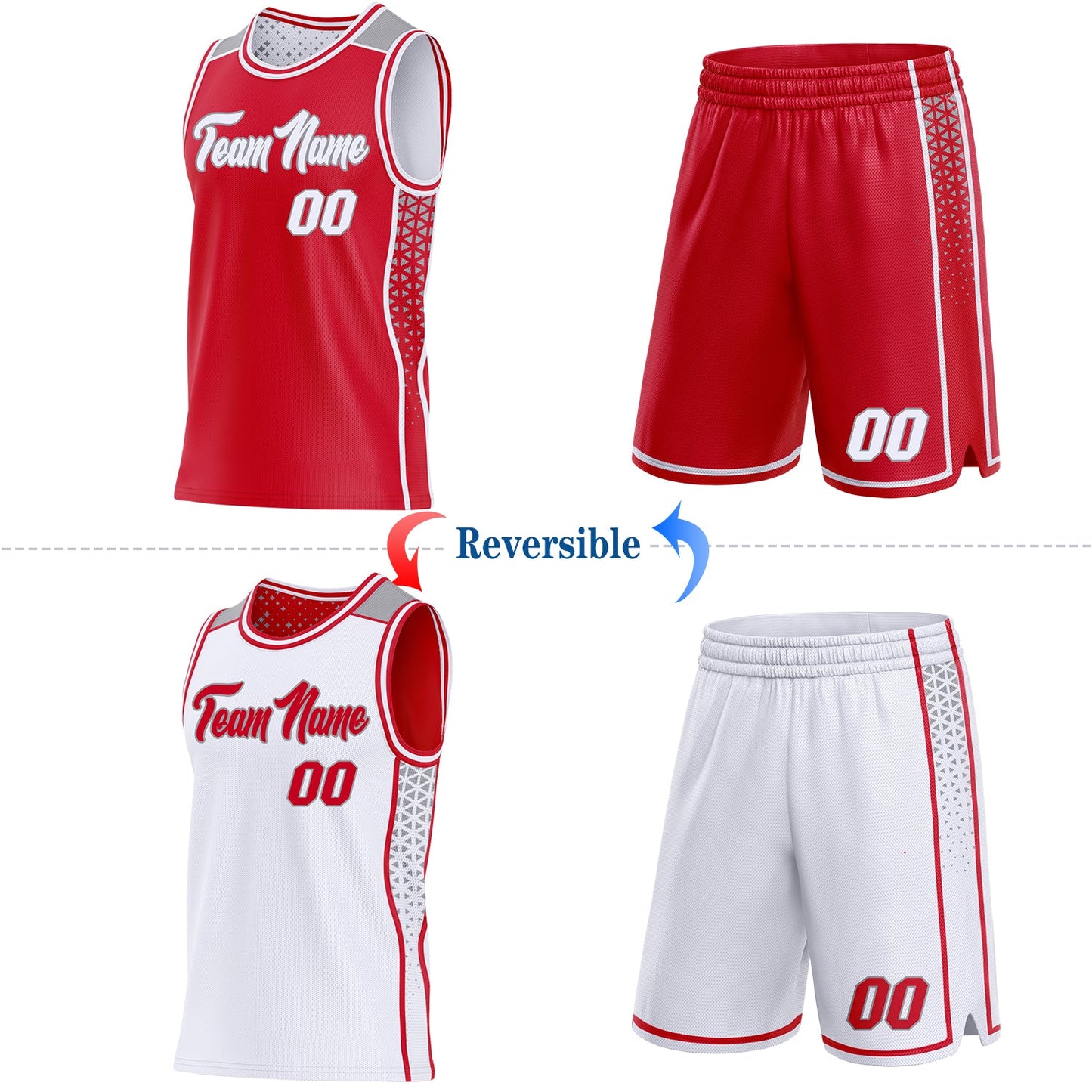 Custom Red White-Gray Side Panel Stripe Geometric Triangle Gradient Dot Reversible Double Side Sublimation Basketball Set Jersey