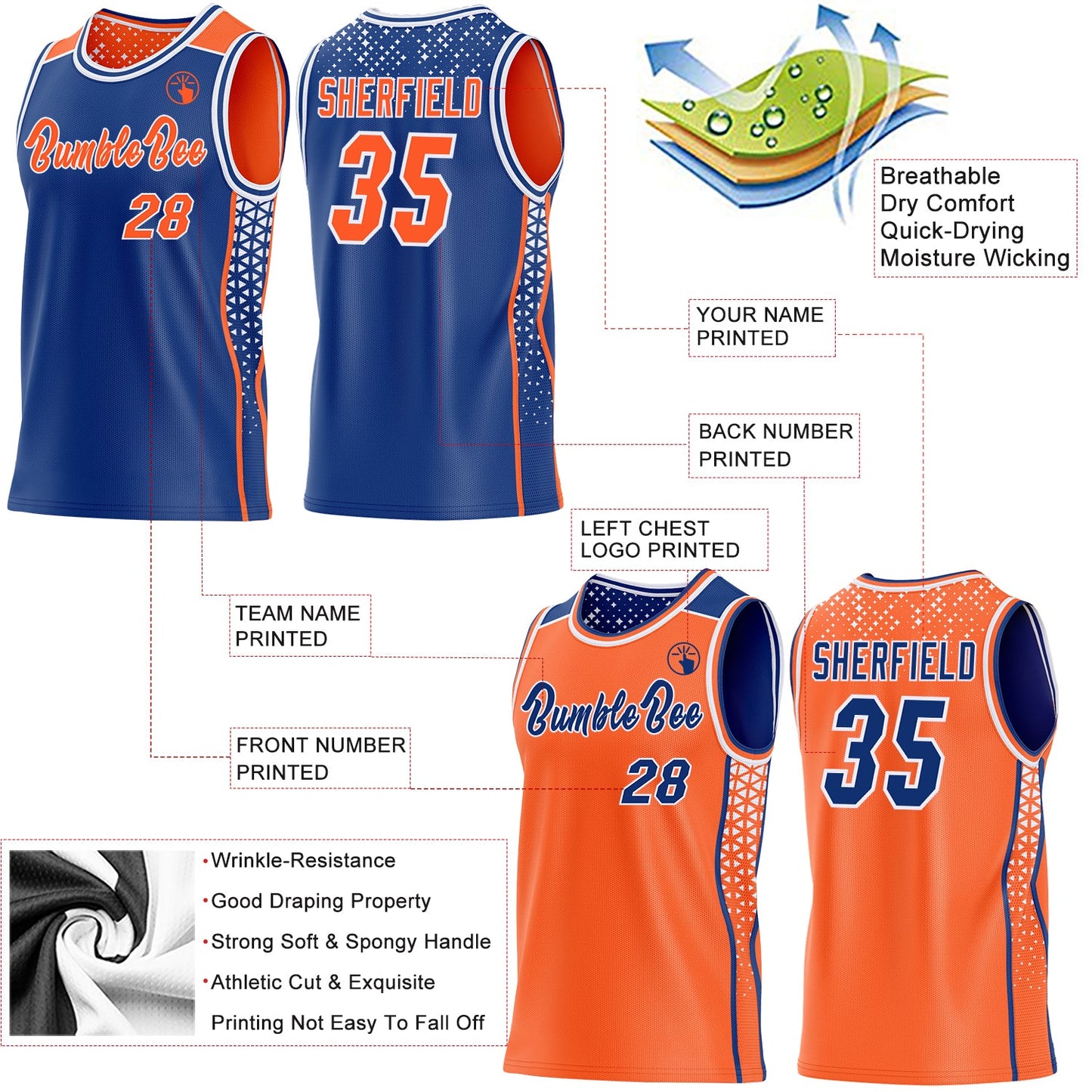 Custom Royal Orange-White Side Panel Stripe Geometric Triangle Gradient Dot Reversible Double Side Sublimation Basketball Set Jersey