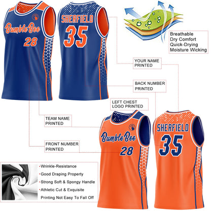 Custom Royal Orange-White Side Panel Stripe Geometric Triangle Gradient Dot Reversible Double Side Sublimation Basketball Set Jersey