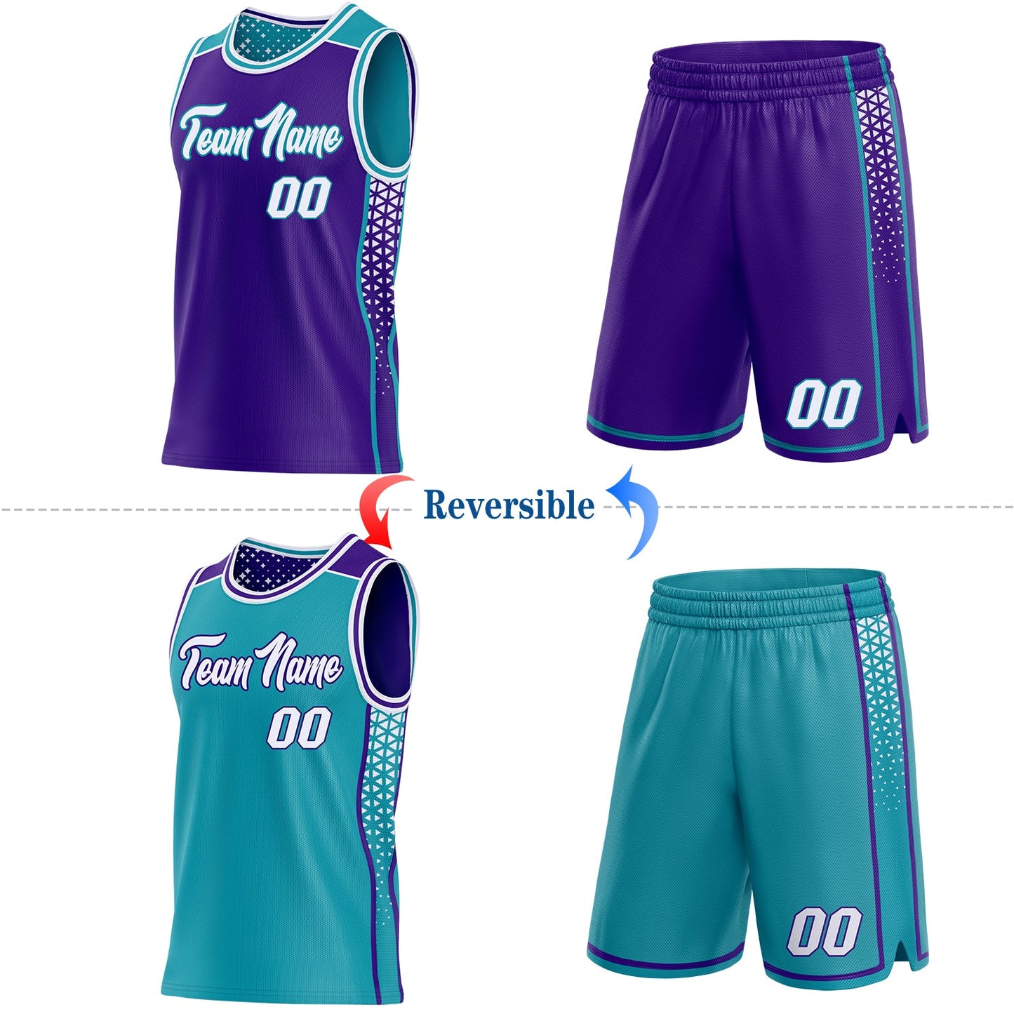 Custom Purple White-Teal Side Panel Stripe Geometric Triangle Gradient Dot Reversible Double Side Sublimation Basketball Set Jersey