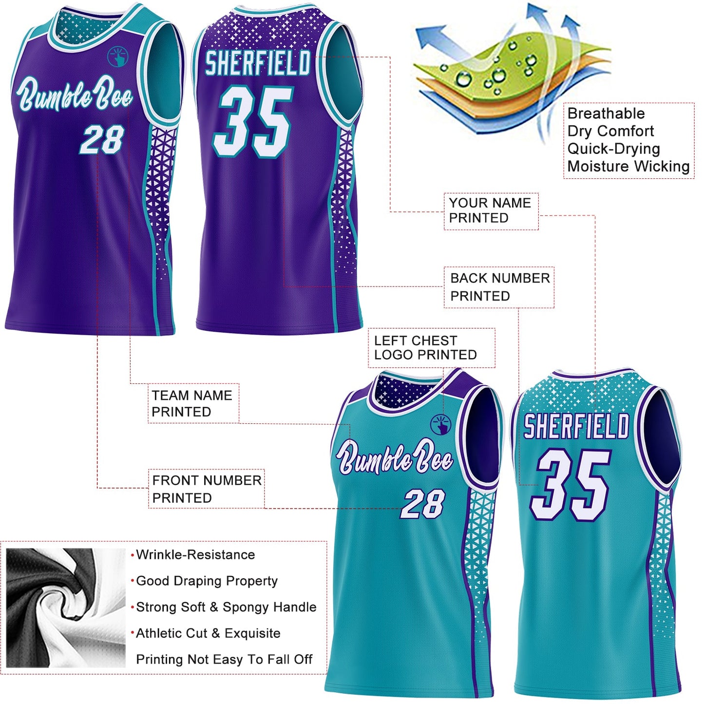 Custom Purple White-Teal Side Panel Stripe Geometric Triangle Gradient Dot Reversible Double Side Sublimation Basketball Set Jersey