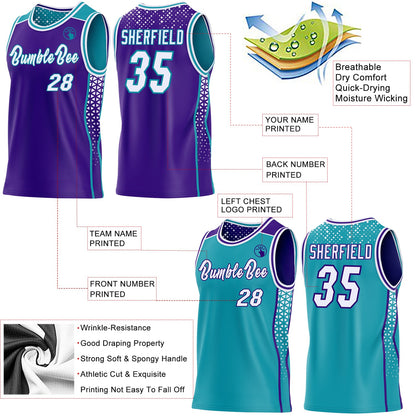 Custom Purple White-Teal Side Panel Stripe Geometric Triangle Gradient Dot Reversible Double Side Sublimation Basketball Set Jersey