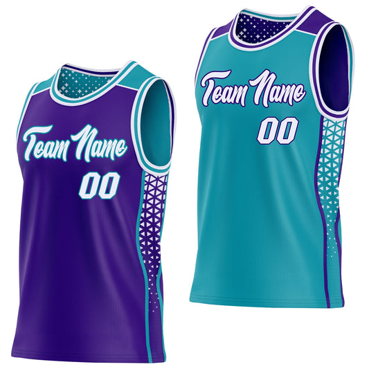 Custom Purple White-Teal Side Panel Stripe Geometric Triangle Gradient Dot Reversible Double Side Sublimation Basketball Set Jersey