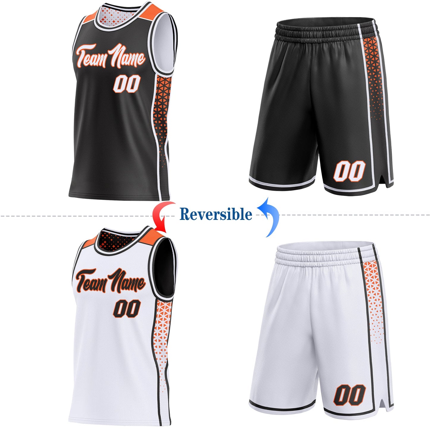 Custom Black White-Orange Side Panel Stripe Geometric Triangle Gradient Dot Reversible Double Side Sublimation Basketball Set Jersey