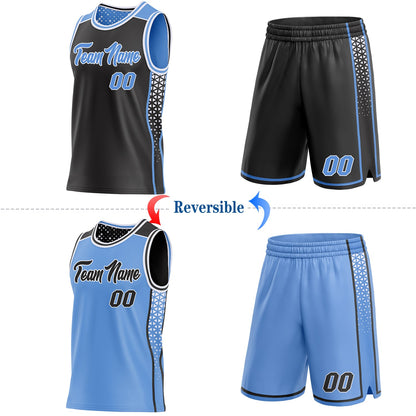 Custom Black Light Blue-White Side Panel Stripe Geometric Triangle Gradient Dot Reversible Double Side Sublimation Basketball Set Jersey