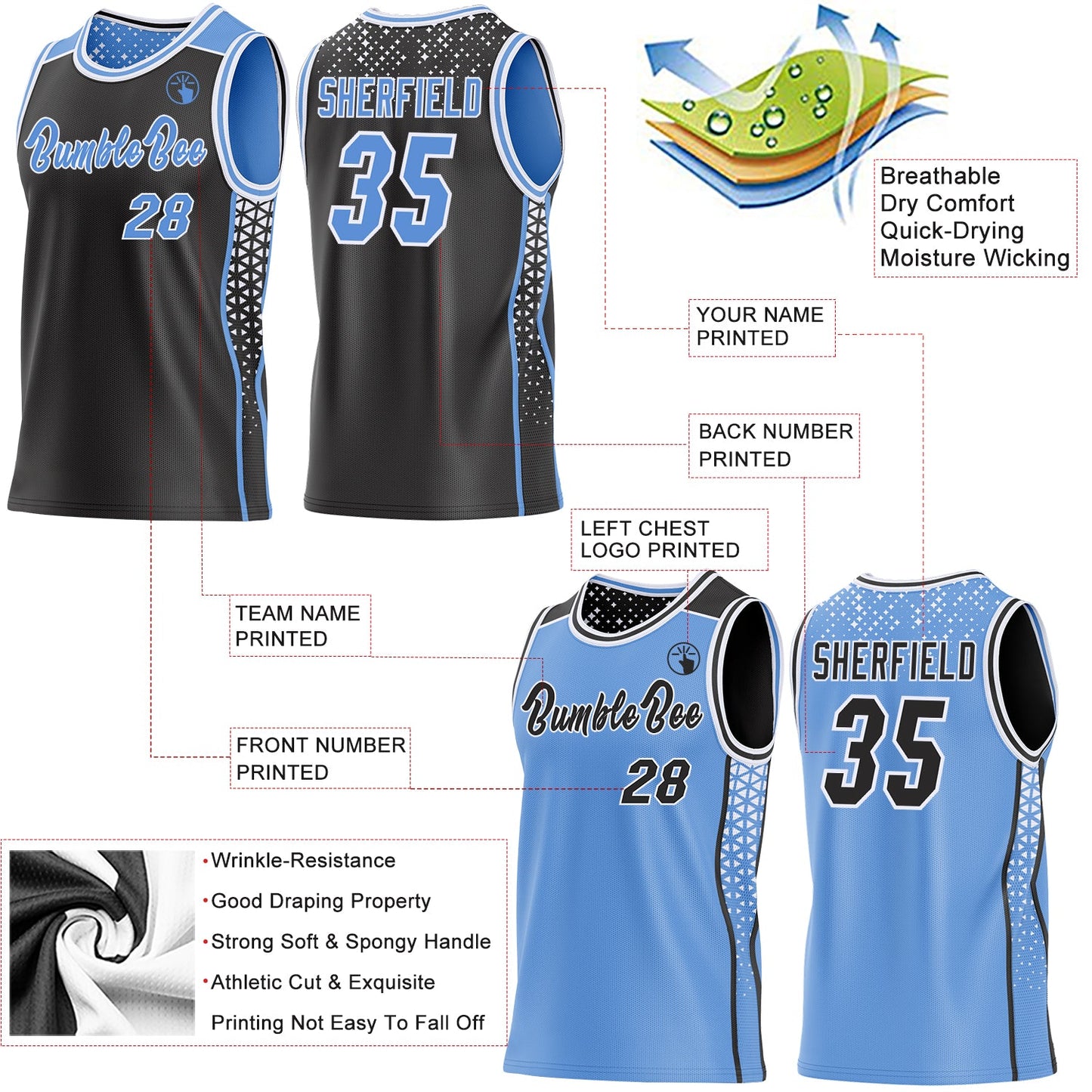 Custom Black Light Blue-White Side Panel Stripe Geometric Triangle Gradient Dot Reversible Double Side Sublimation Basketball Set Jersey