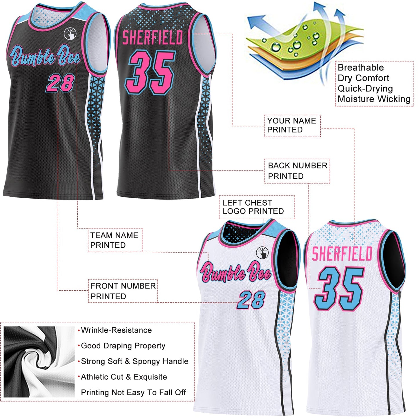 Custom Black Pink Sky Blue-White Side Panel Stripe Geometric Triangle Gradient Dot Reversible Double Side Sublimation Basketball Set Jersey