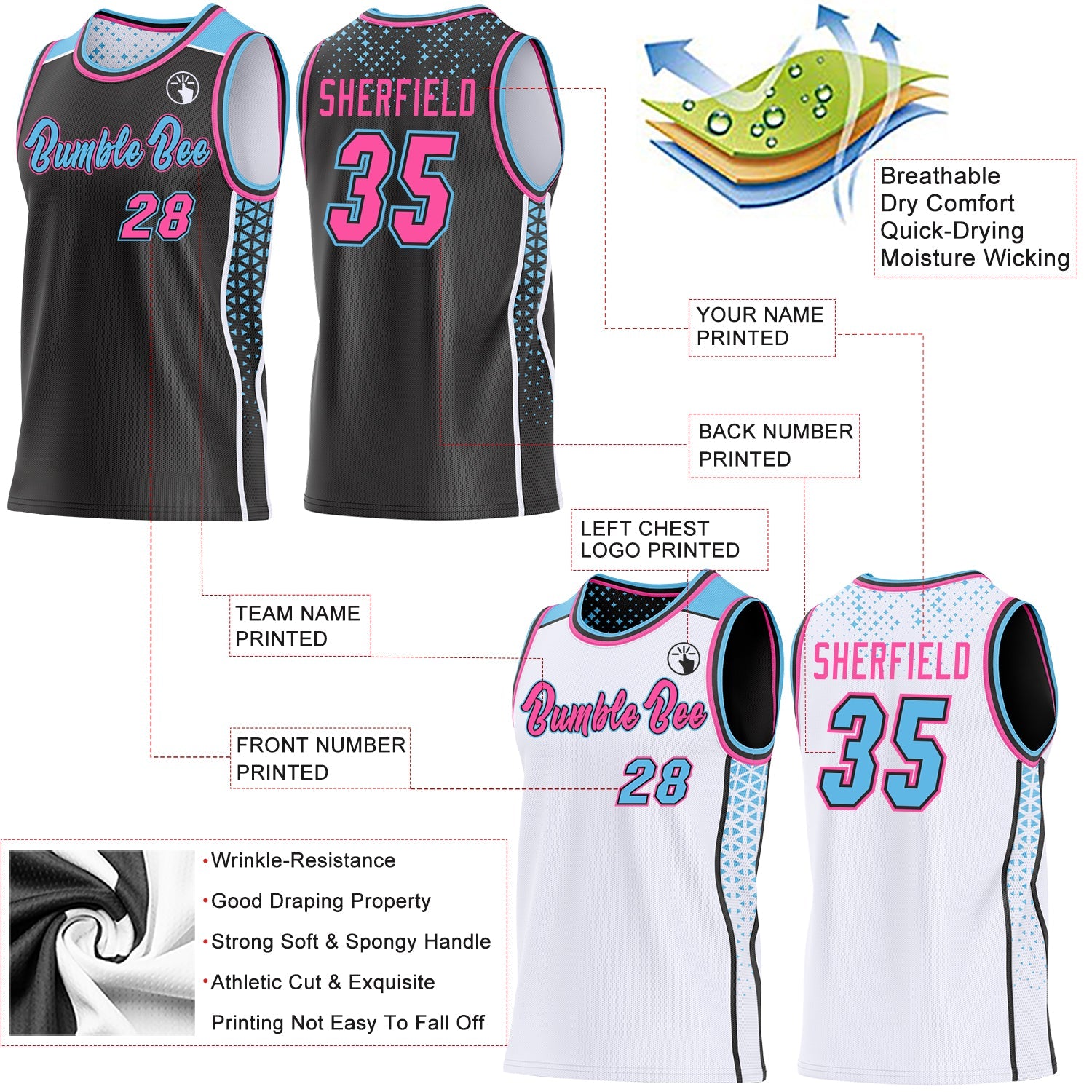 Custom Black Pink Sky Blue-White Side Panel Stripe Geometric Triangle Gradient Dot Reversible Double Side Sublimation Basketball Set Jersey