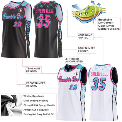 Custom Black Pink Sky Blue-White Side Panel Stripe Geometric Triangle Gradient Dot Reversible Double Side Sublimation Basketball Set Jersey