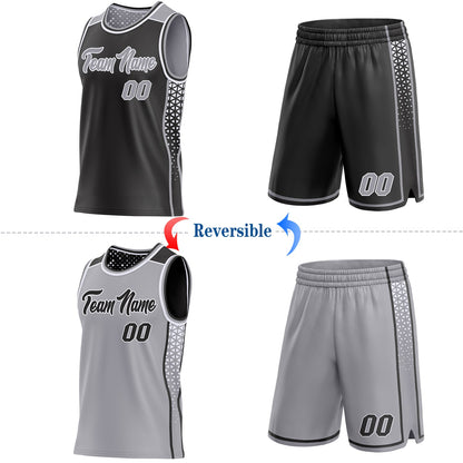 Custom Black Gray-White Side Panel Stripe Geometric Triangle Gradient Dot Reversible Double Side Sublimation Basketball Set Jersey