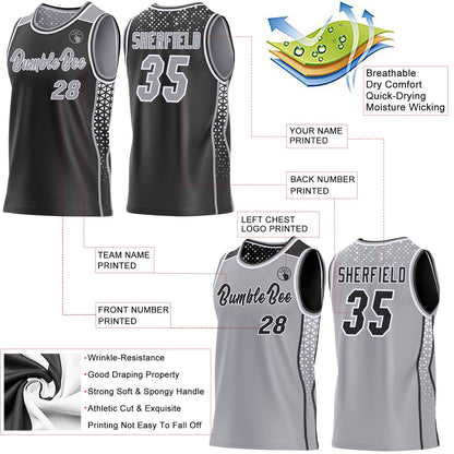 Custom Black Gray-White Side Panel Stripe Geometric Triangle Gradient Dot Reversible Double Side Sublimation Basketball Set Jersey