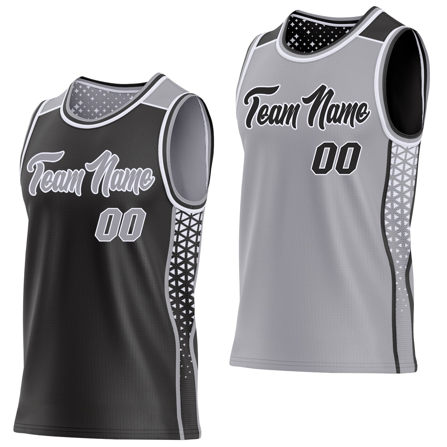 Custom Black Gray-White Side Panel Stripe Geometric Triangle Gradient Dot Reversible Double Side Sublimation Basketball Set Jersey