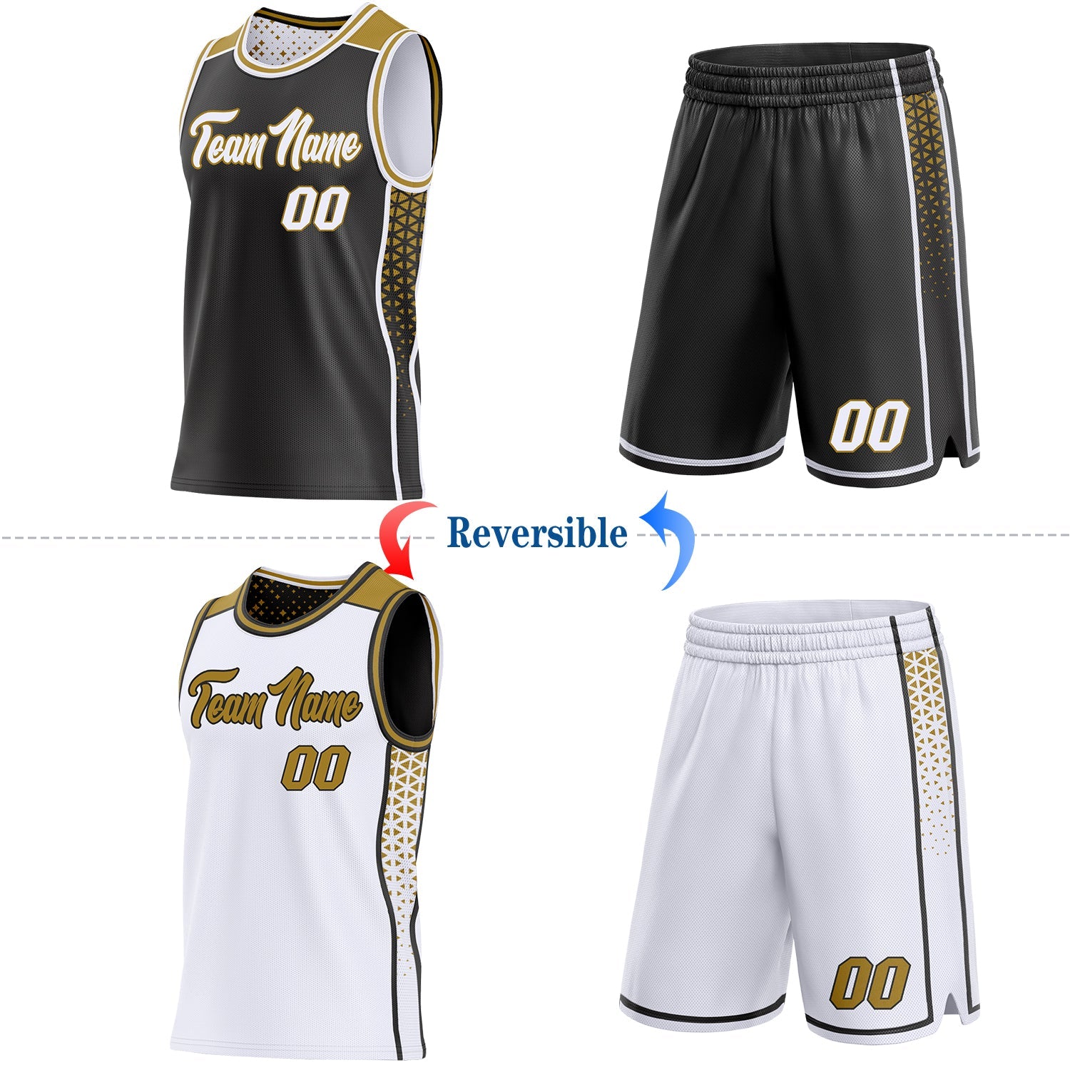 Custom Black White-Old Gold Side Panel Stripe Geometric Triangle Gradient Dot Reversible Double Side Sublimation Basketball Set Jersey