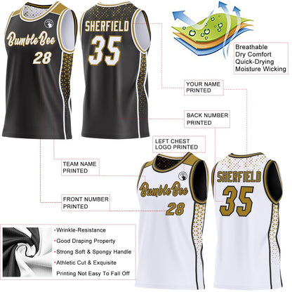 Custom Black White-Old Gold Side Panel Stripe Geometric Triangle Gradient Dot Reversible Double Side Sublimation Basketball Set Jersey