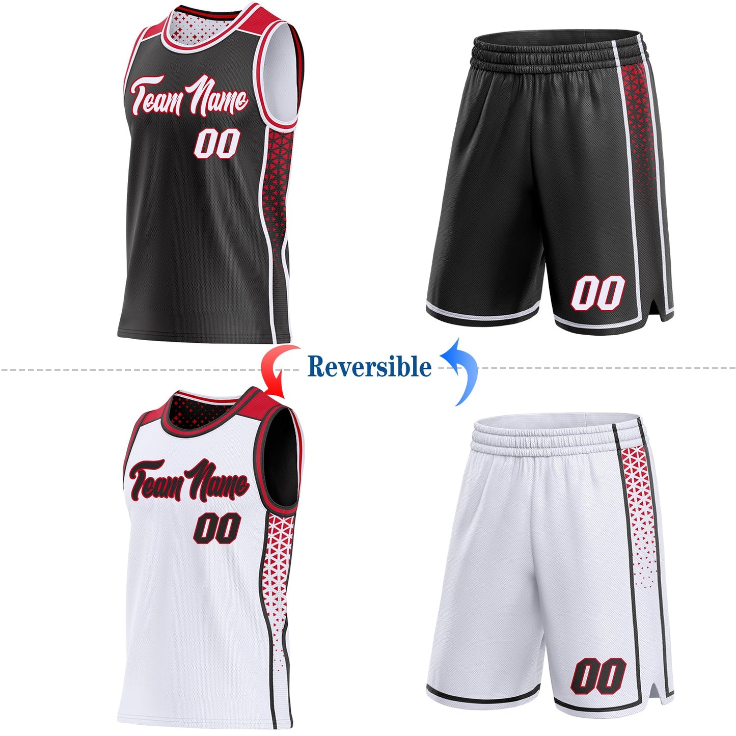 Custom Black White-Red Side Panel Stripe Geometric Triangle Gradient Dot Reversible Double Side Sublimation Basketball Set Jersey