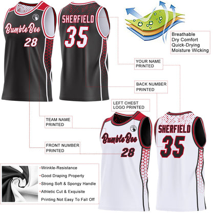 Custom Black White-Red Side Panel Stripe Geometric Triangle Gradient Dot Reversible Double Side Sublimation Basketball Set Jersey