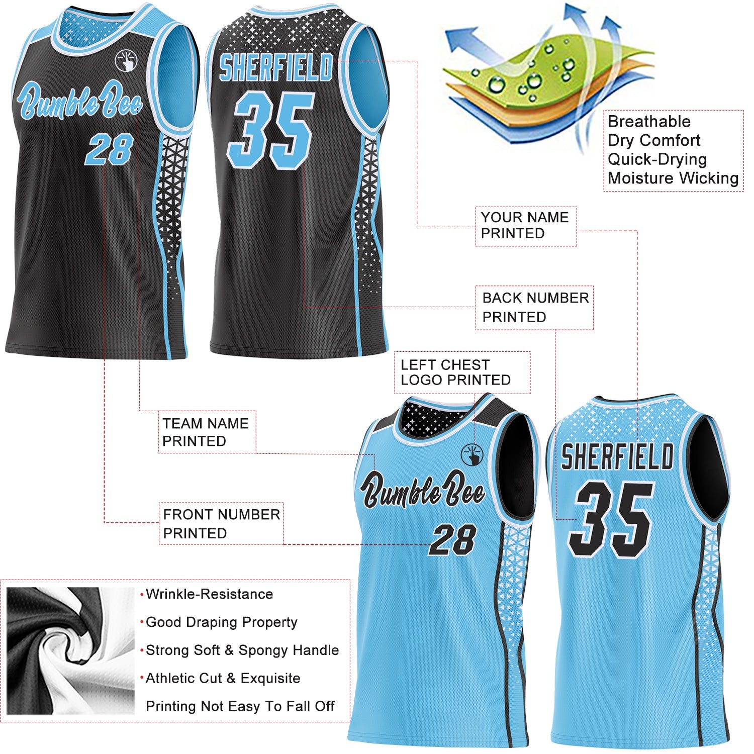 Custom Black Sky Blue-White Side Panel Stripe Geometric Triangle Gradient Dot Reversible Double Side Sublimation Basketball Set Jersey