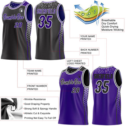 Custom Black Purple-White Side Panel Stripe Geometric Triangle Gradient Dot Reversible Double Side Sublimation Basketball Set Jersey