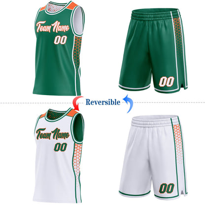 Custom Kelly Green White-Orange Side Panel Stripe Geometric Triangle Gradient Dot Reversible Double Side Sublimation Basketball Set Jersey