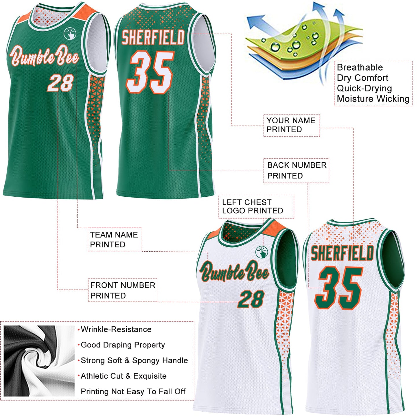 Custom Kelly Green White-Orange Side Panel Stripe Geometric Triangle Gradient Dot Reversible Double Side Sublimation Basketball Set Jersey