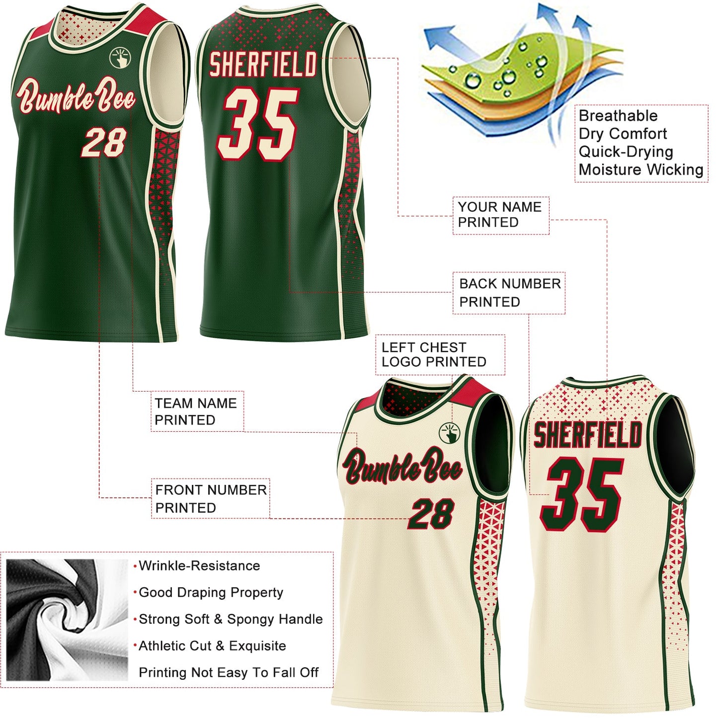 Custom Green Cream-Red Side Panel Stripe Geometric Triangle Gradient Dot Reversible Double Side Sublimation Basketball Set Jersey