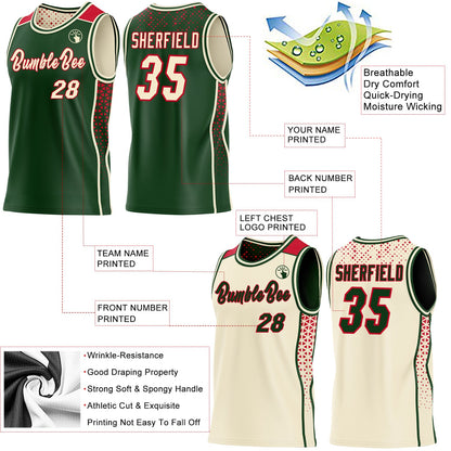 Custom Green Cream-Red Side Panel Stripe Geometric Triangle Gradient Dot Reversible Double Side Sublimation Basketball Set Jersey
