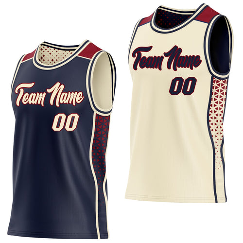 Custom Navy Cream-Maroon Side Panel Stripe Geometric Triangle Gradient Dot Reversible Double Side Sublimation Basketball Set Jersey