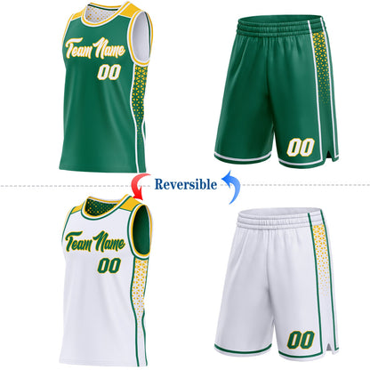 Custom Kelly Green White-Gold Side Panel Stripe Geometric Triangle Gradient Dot Reversible Double Side Sublimation Basketball Set Jersey