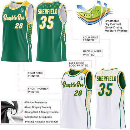 Custom Kelly Green White-Gold Side Panel Stripe Geometric Triangle Gradient Dot Reversible Double Side Sublimation Basketball Set Jersey