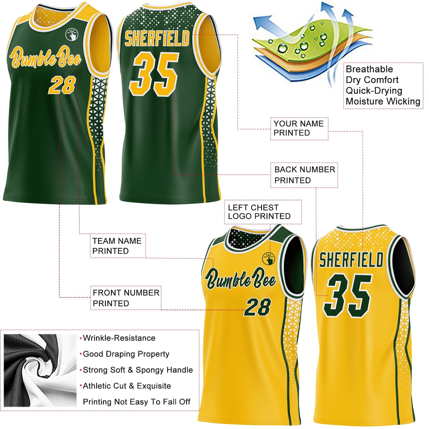 Custom Green Gold-White Side Panel Stripe Geometric Triangle Gradient Dot Reversible Double Side Sublimation Basketball Set Jersey