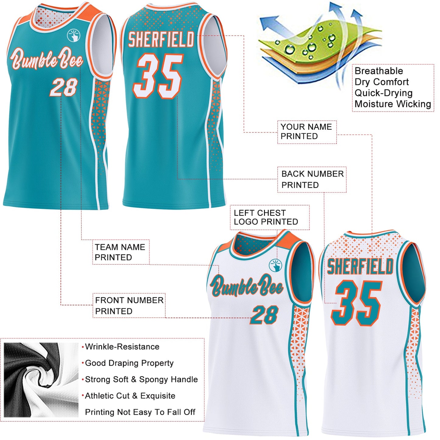 Custom Teal White-Orange Side Panel Stripe Geometric Triangle Gradient Dot Reversible Double Side Sublimation Basketball Set Jersey