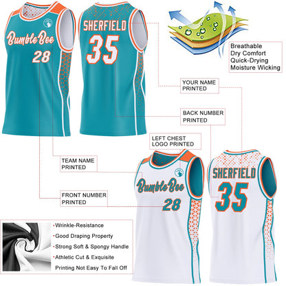 Custom Teal White-Orange Side Panel Stripe Geometric Triangle Gradient Dot Reversible Double Side Sublimation Basketball Set Jersey