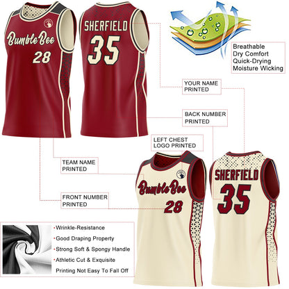 Custom Maroon Cream-Black Side Panel Stripe Geometric Triangle Gradient Dot Reversible Double Side Sublimation Basketball Set Jersey