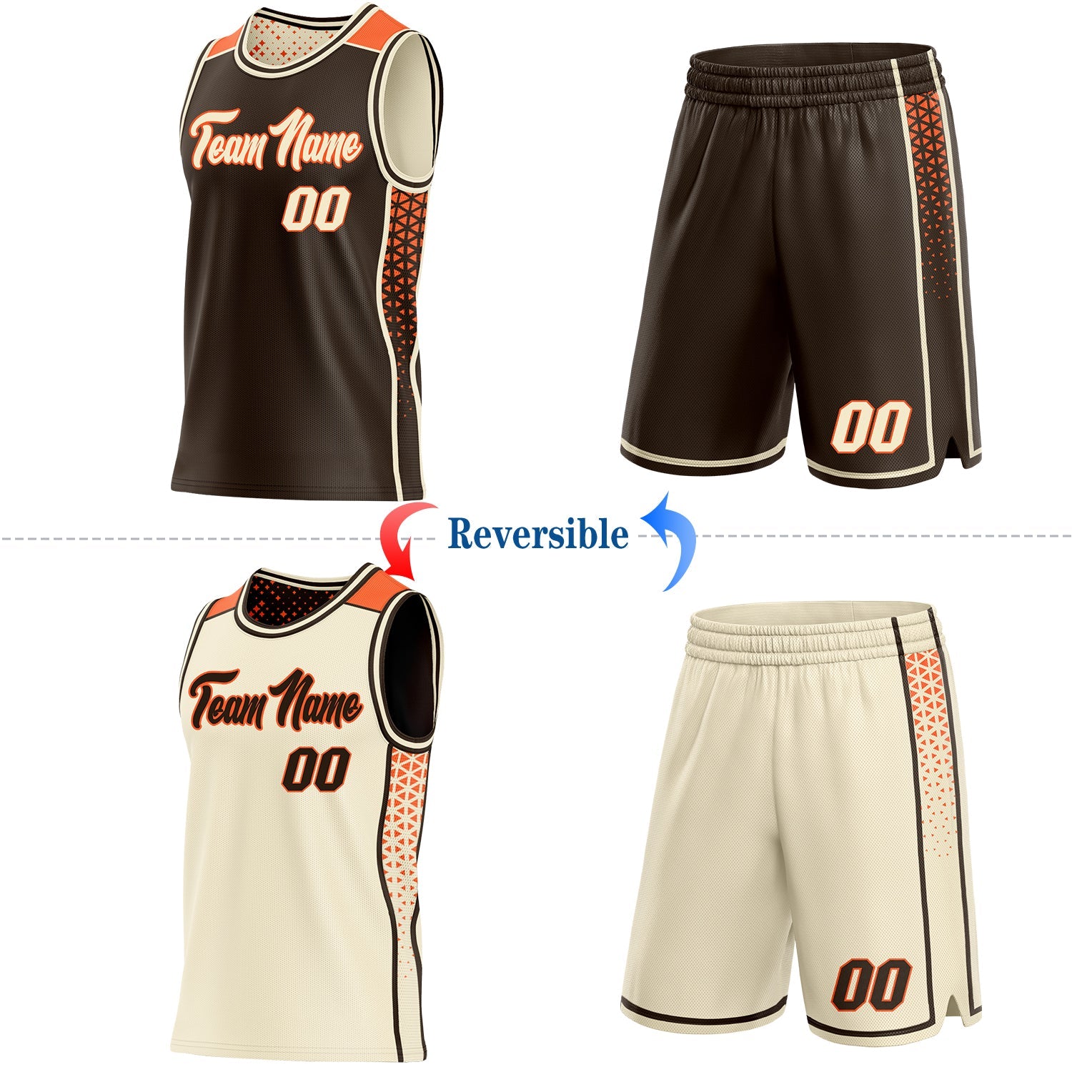 Custom Brown Cream-Orange Side Panel Stripe Geometric Triangle Gradient Dot Reversible Double Side Sublimation Basketball Set Jersey