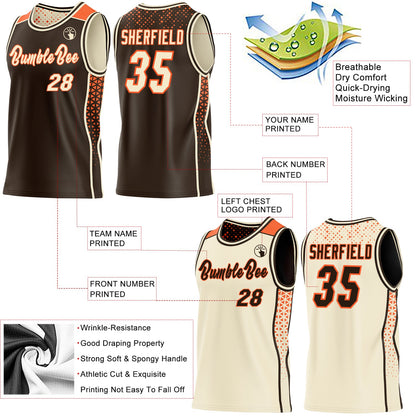 Custom Brown Cream-Orange Side Panel Stripe Geometric Triangle Gradient Dot Reversible Double Side Sublimation Basketball Set Jersey