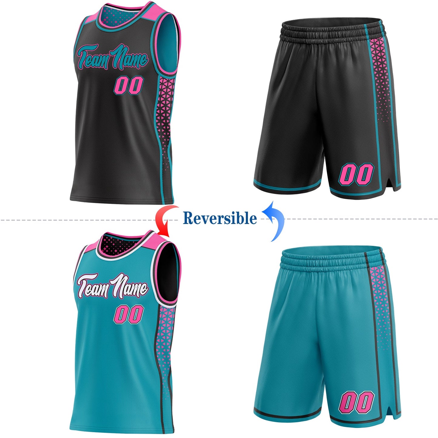 Custom Black Pink-Teal Side Panel Stripe Geometric Triangle Gradient Dot Reversible Double Side Sublimation Basketball Set Jersey