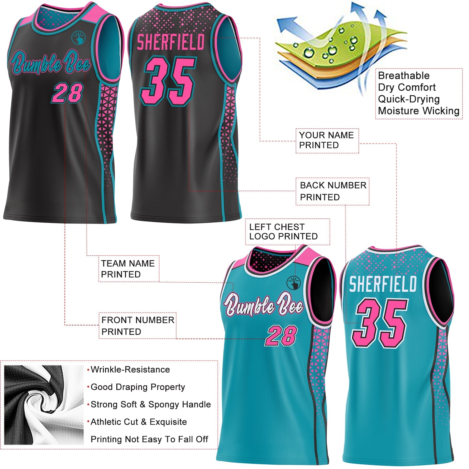 Custom Black Pink-Teal Side Panel Stripe Geometric Triangle Gradient Dot Reversible Double Side Sublimation Basketball Set Jersey