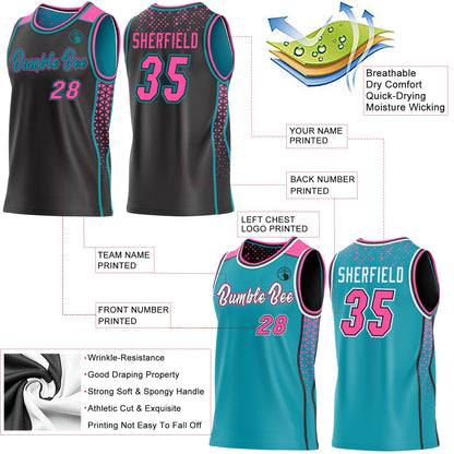 Custom Black Pink-Teal Side Panel Stripe Geometric Triangle Gradient Dot Reversible Double Side Sublimation Basketball Set Jersey