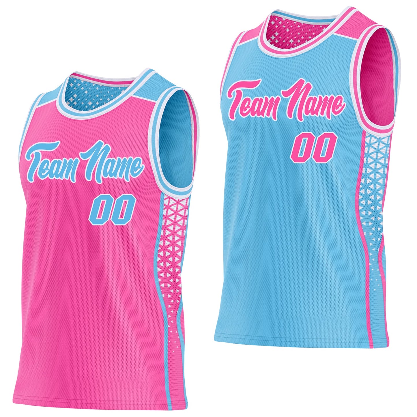 Custom Pink Sky Blue-White Side Panel Stripe Geometric Triangle Gradient Dot Reversible Double Side Sublimation Basketball Set Jersey