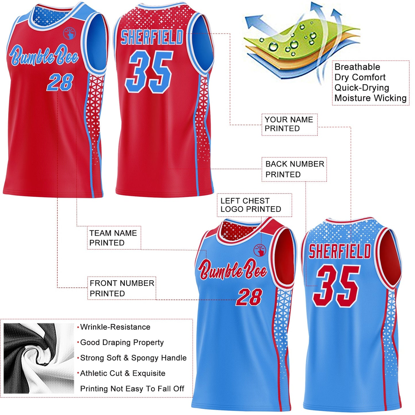 Custom Red Powder Blue-White Side Panel Stripe Geometric Triangle Gradient Dot Reversible Double Side Sublimation Basketball Set Jersey