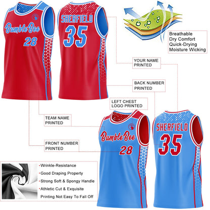 Custom Red Powder Blue-White Side Panel Stripe Geometric Triangle Gradient Dot Reversible Double Side Sublimation Basketball Set Jersey