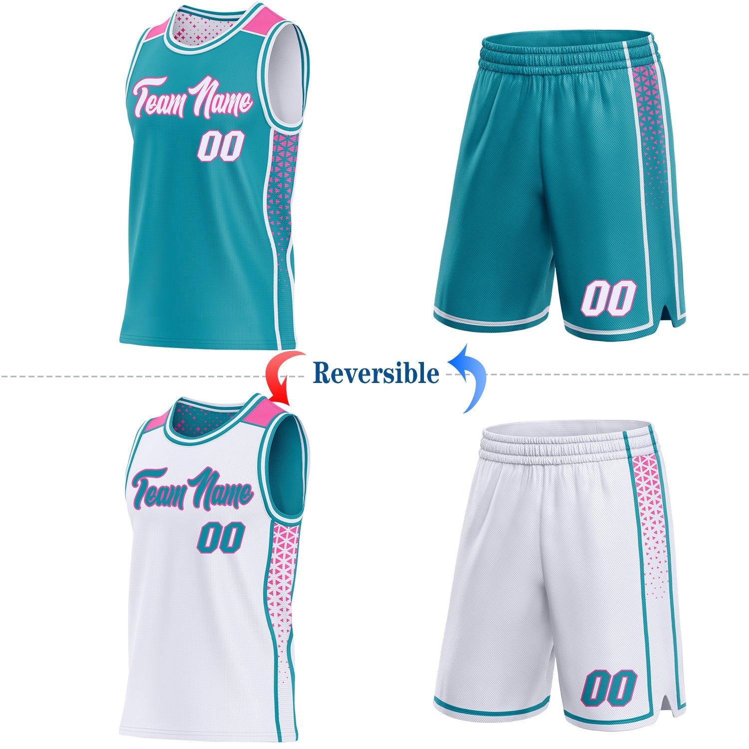 Custom Teal White-Pink Side Panel Stripe Geometric Triangle Gradient Dot Reversible Double Side Sublimation Basketball Set Jersey