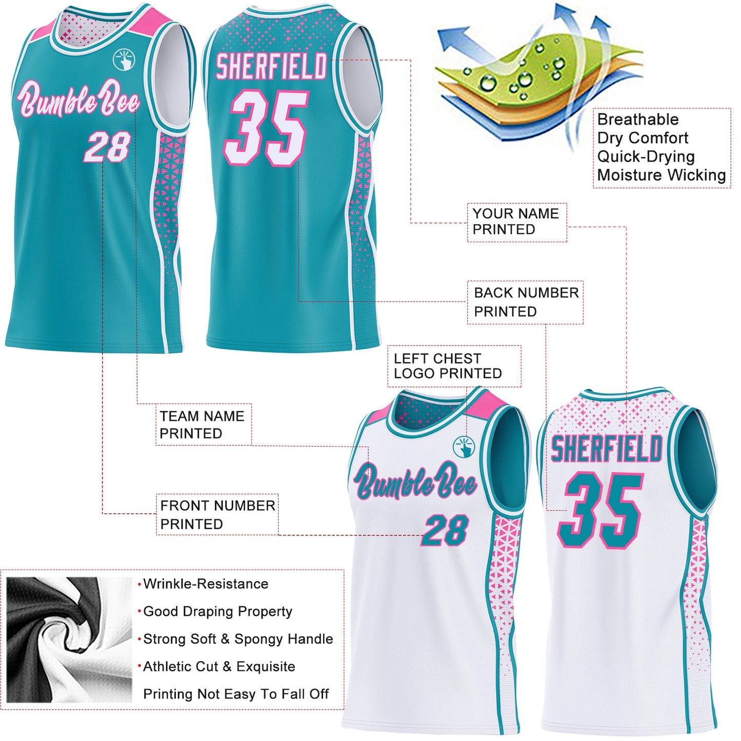 Custom Teal White-Pink Side Panel Stripe Geometric Triangle Gradient Dot Reversible Double Side Sublimation Basketball Set Jersey