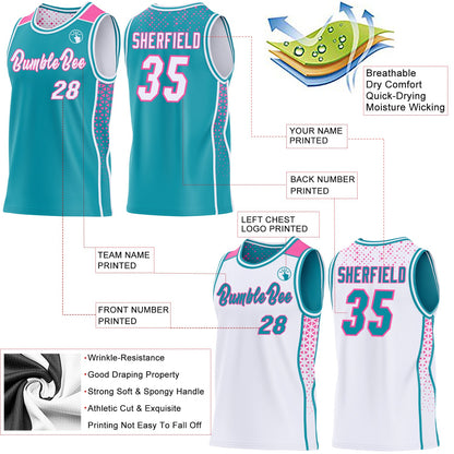 Custom Teal White-Pink Side Panel Stripe Geometric Triangle Gradient Dot Reversible Double Side Sublimation Basketball Set Jersey