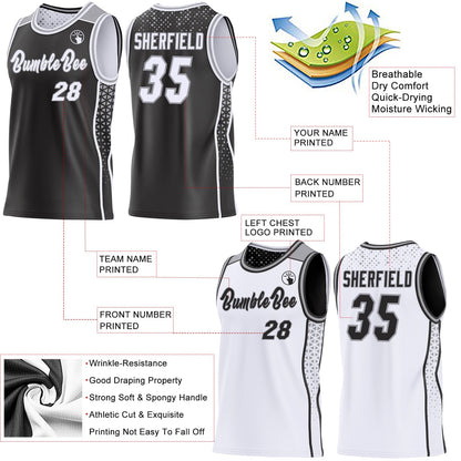Custom Black White-Gray Side Panel Stripe Geometric Triangle Gradient Dot Reversible Double Side Sublimation Basketball Set Jersey