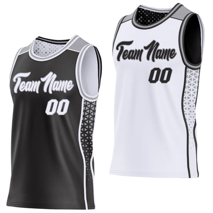 Custom Black White-Gray Side Panel Stripe Geometric Triangle Gradient Dot Reversible Double Side Sublimation Basketball Set Jersey