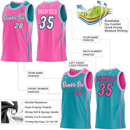 Custom Pink White Black-Teal Side Panel Stripe Geometric Triangle Gradient Dot Reversible Double Side Sublimation Basketball Set Jersey